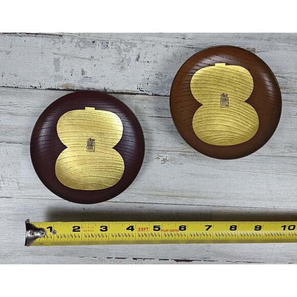 5 Asian Lacquerware Sm Plates/Dishes Hand Painted Gold Design W/Asian Writing - Picture 8 of 9